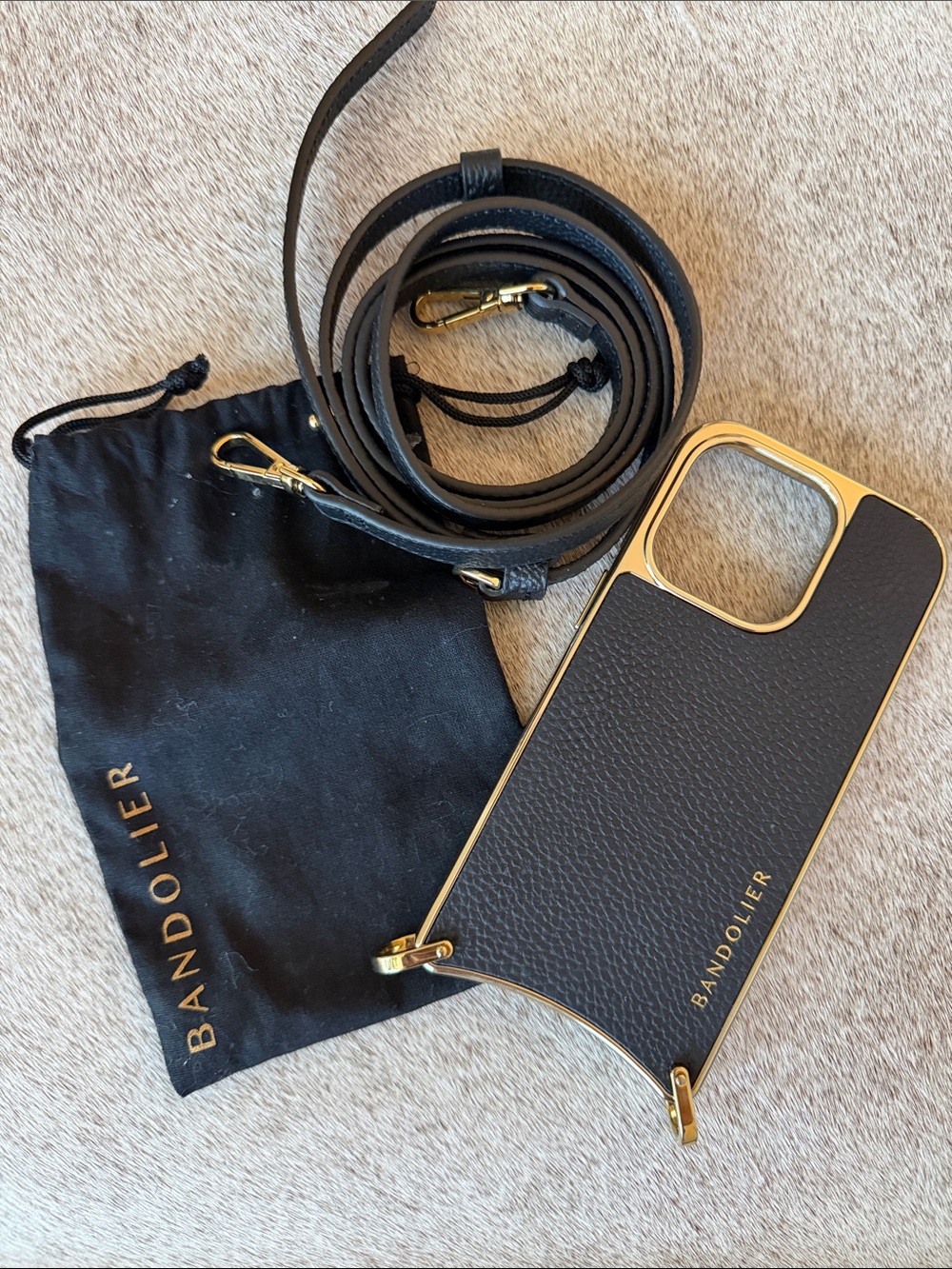 Bandolier Black Leather Phone Case with Gold Trim & Strap